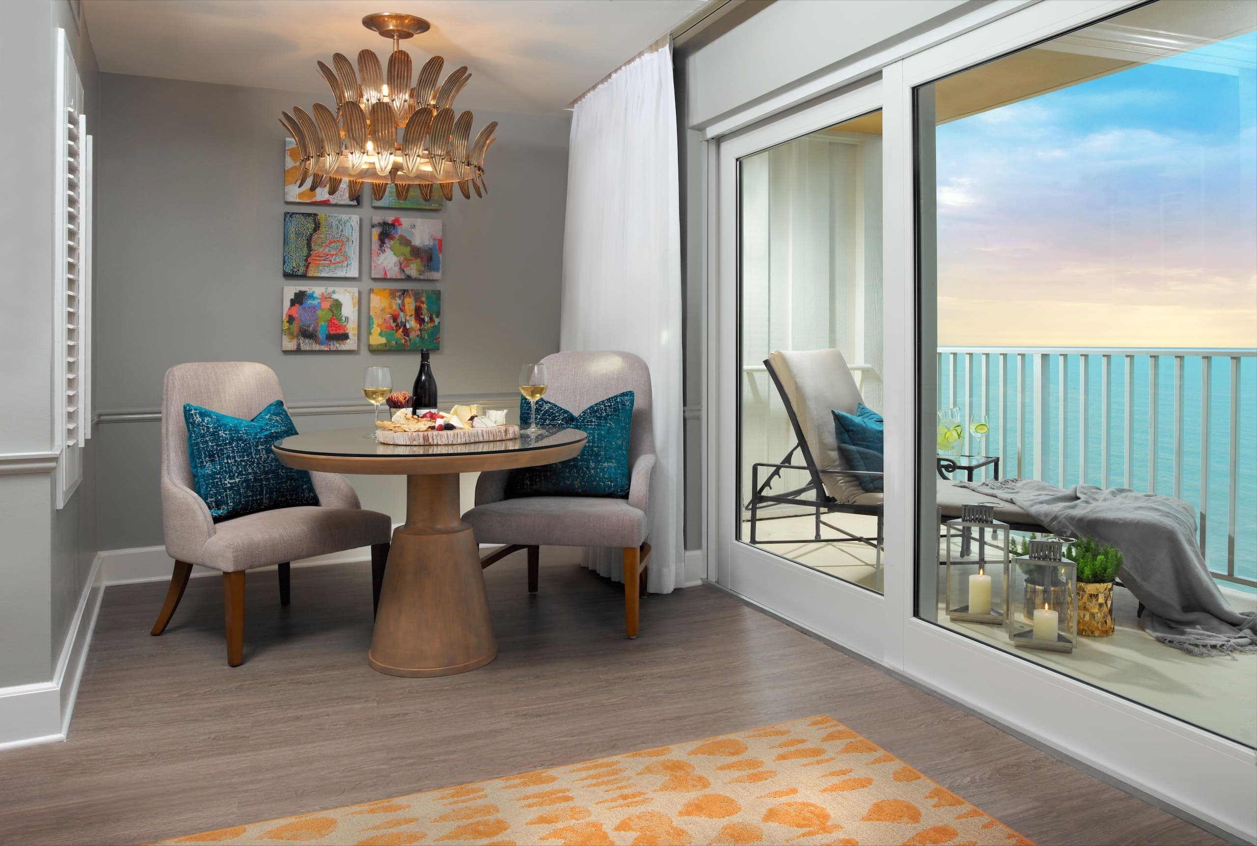 A table in a room at LaPlaya with a view of the water